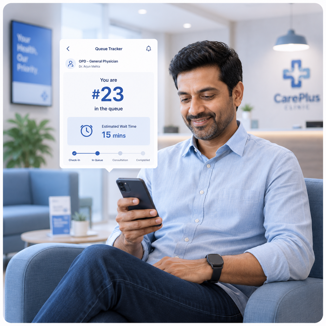 Patient in a clinic waiting room checking the OPD Pilot queue tracker on his phone â€” position #23 with a 15-minute estimated wait