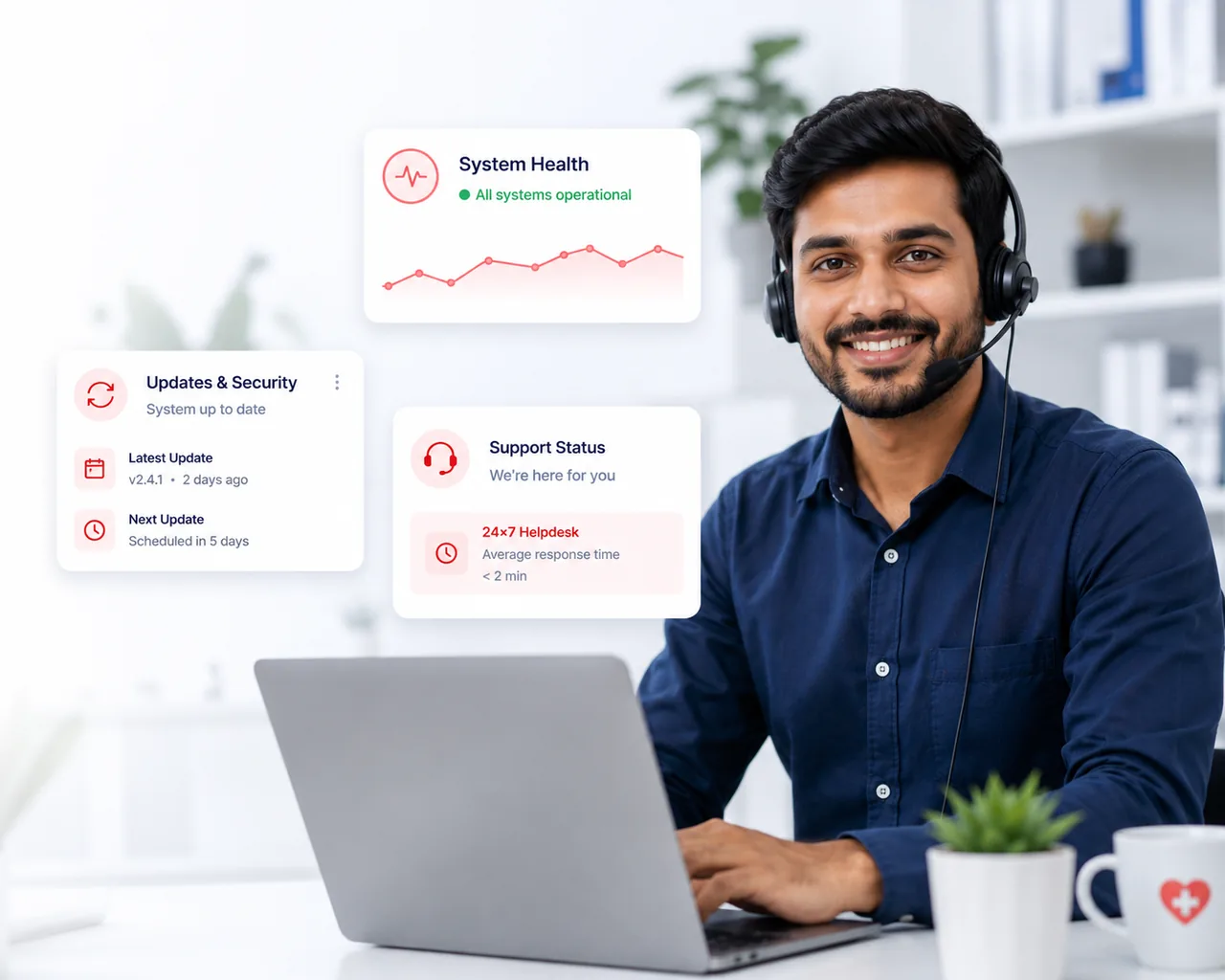 Friendly support specialist on a headset with live System Health, Updates & Security and 24×7 Helpdesk status cards